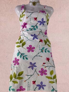 Y2K Floral Beaded Shift Dress Sz 6 Garden Party White Sleevless Springtime